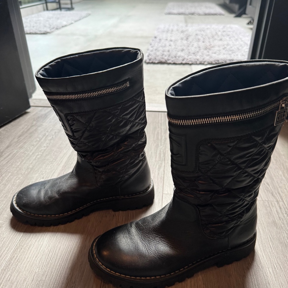 Chanel Low Heel Height, rare Biker Quilted Boots with Blue inside